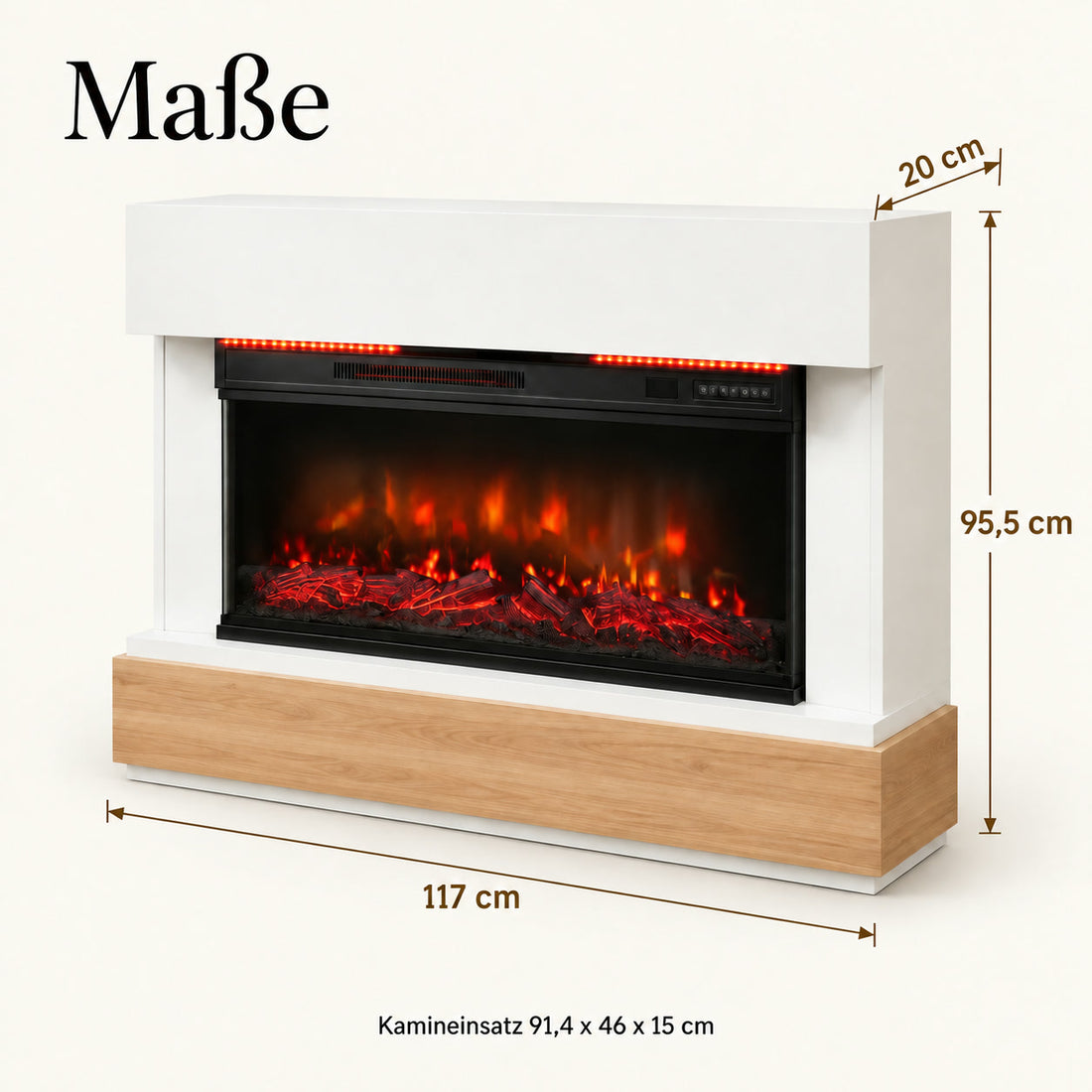 Kaminkonsole 117 cm Weiß Eiche – Maße mit Breite, Höhe und Tiefe