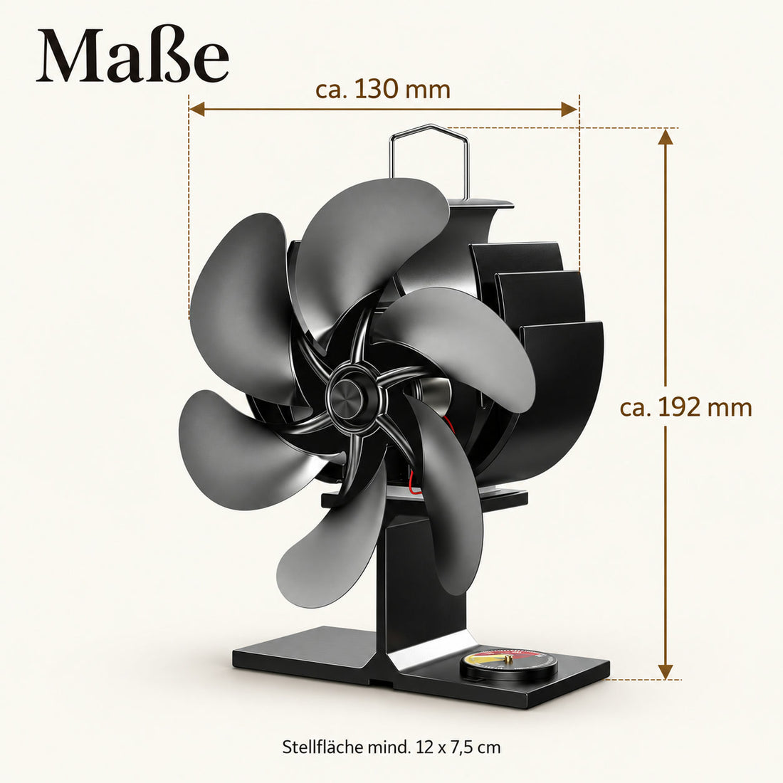 Kaminventilator mit Thermometer – Maße mit Breite, Höhe und Tiefe