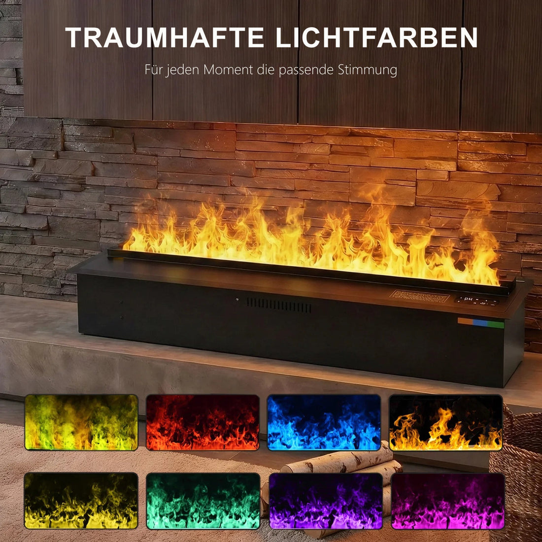 Elektrokamin mit Wasserdampf vor Natursteinwand, gelbe Flamme, darunter acht Farbfelder von Grün bis Lila