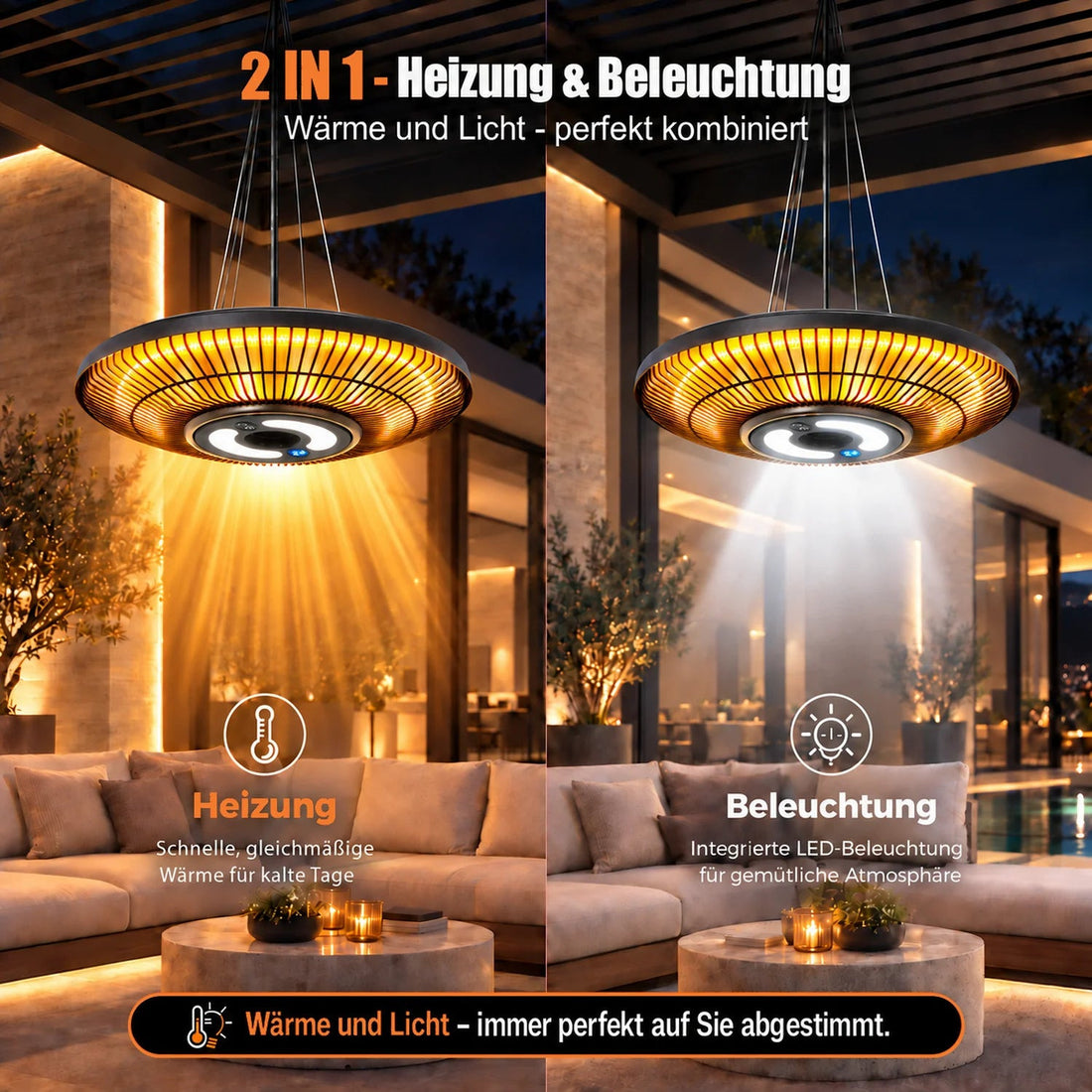 Zwei Ansichten des Heizstrahlers über Lounge-Sofas: einmal Wärme, einmal LED-Beleuchtung