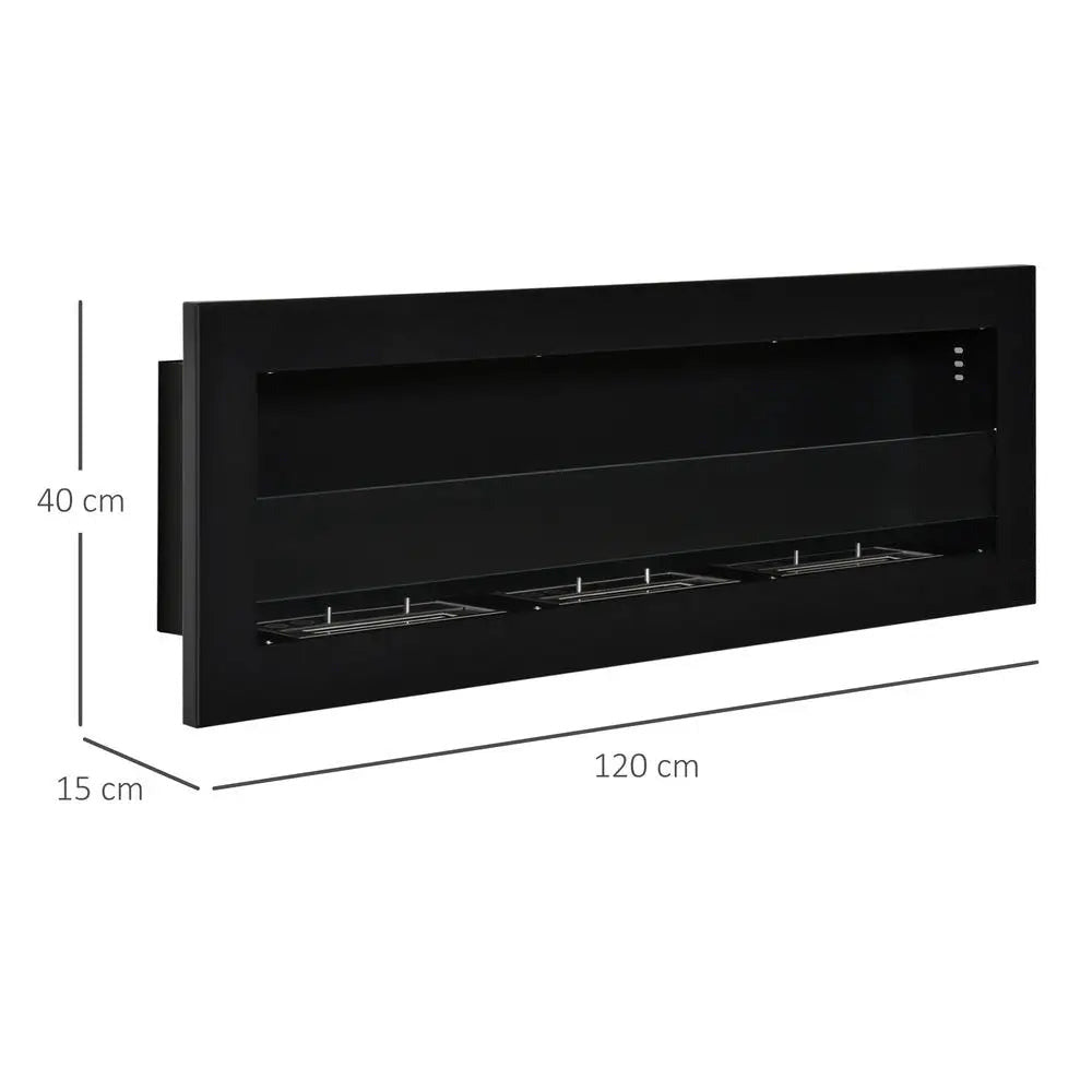 Maßzeichnung des schwarzen Einbaukamins: 120 cm breit, 40 cm hoch, 15 cm tief
