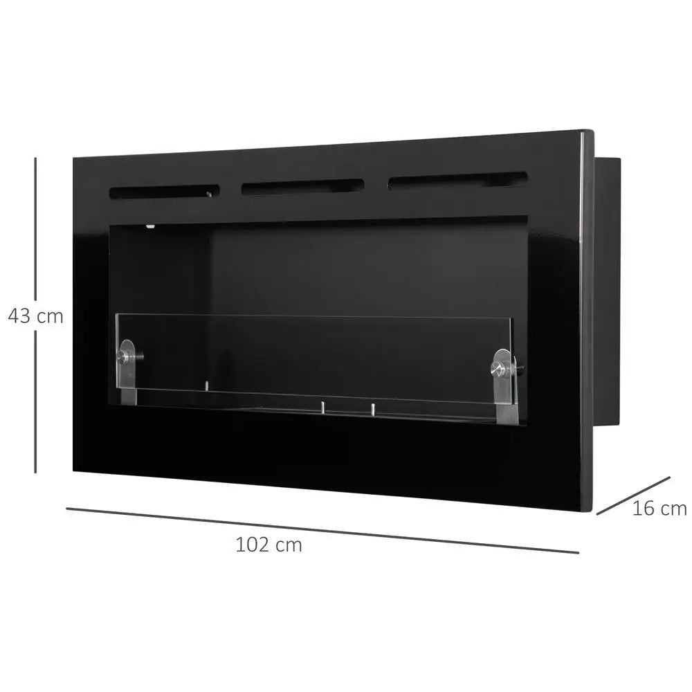Maßzeichnung des Einbaukamins mit Glasscheibe: 102 cm breit, 43 cm hoch, 16 cm tief