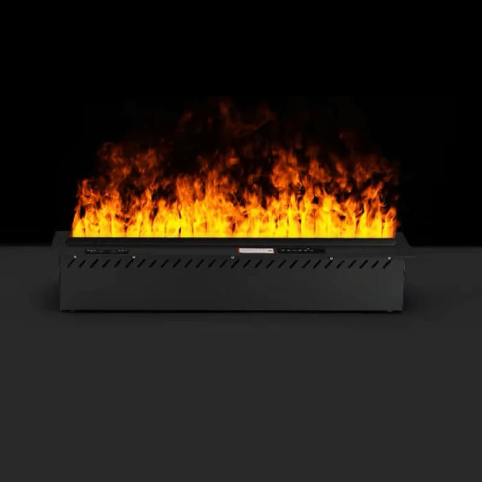 Wasserdampf-Kamin zum Einbau in Schwarz mit orangefarbener 3D-Flamme, Frontansicht vor dunklem Hintergrund
