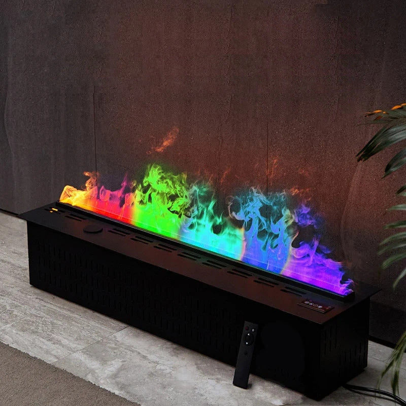 Wasserdampf-Kamin als schwarze Kassette am Boden mit regenbogenfarbener Flamme, Fernbedienung davor