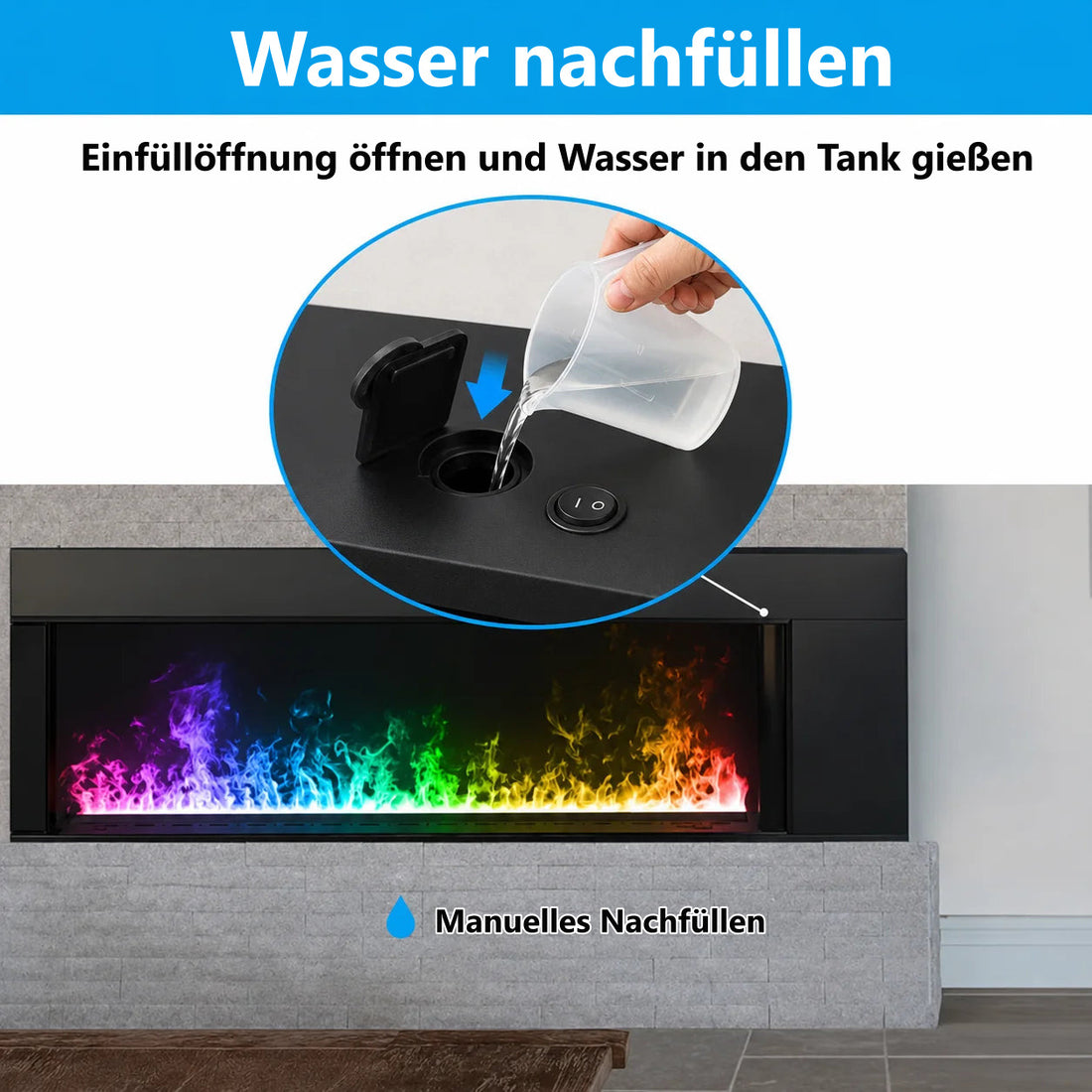Infografik zum manuellen Nachfüllen: Wasser wird von oben in den Tank des Einbaukamins gegossen