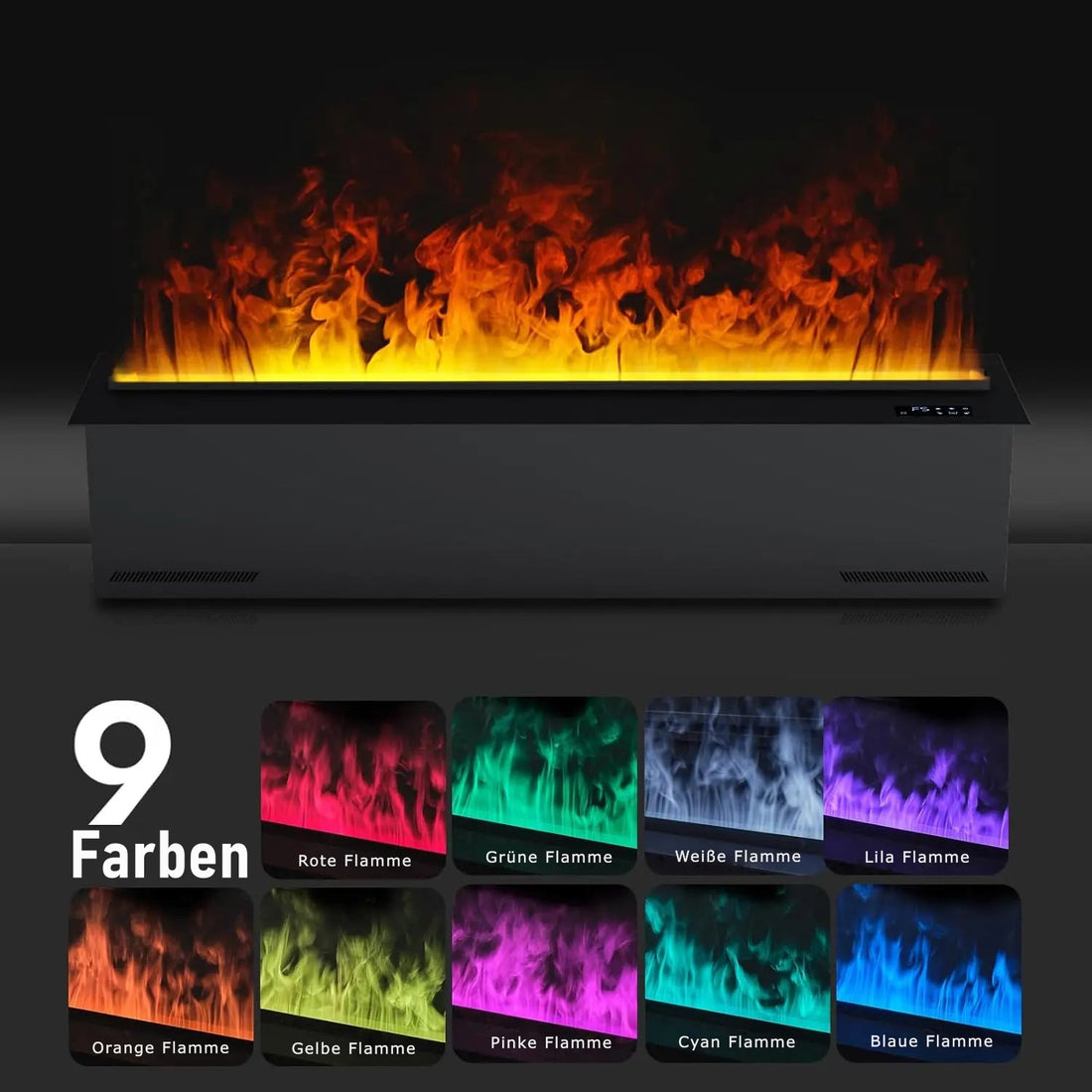 Elektrokamin mit orangefarbener Nebelflamme, darunter neun Flammenfarben von Rot über Grün bis Blau