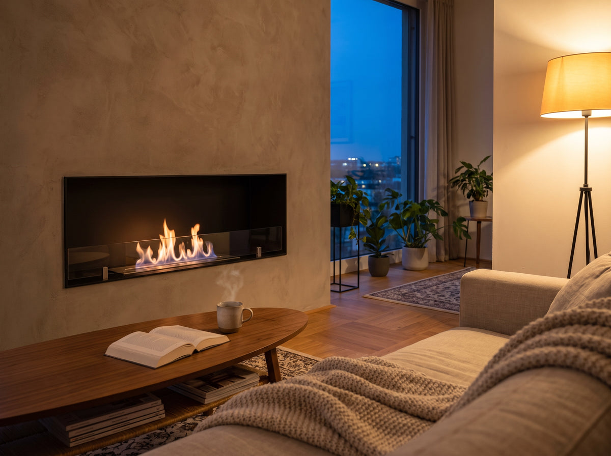 Einbau-Ethanolkamin im Wohnzimmer am Abend