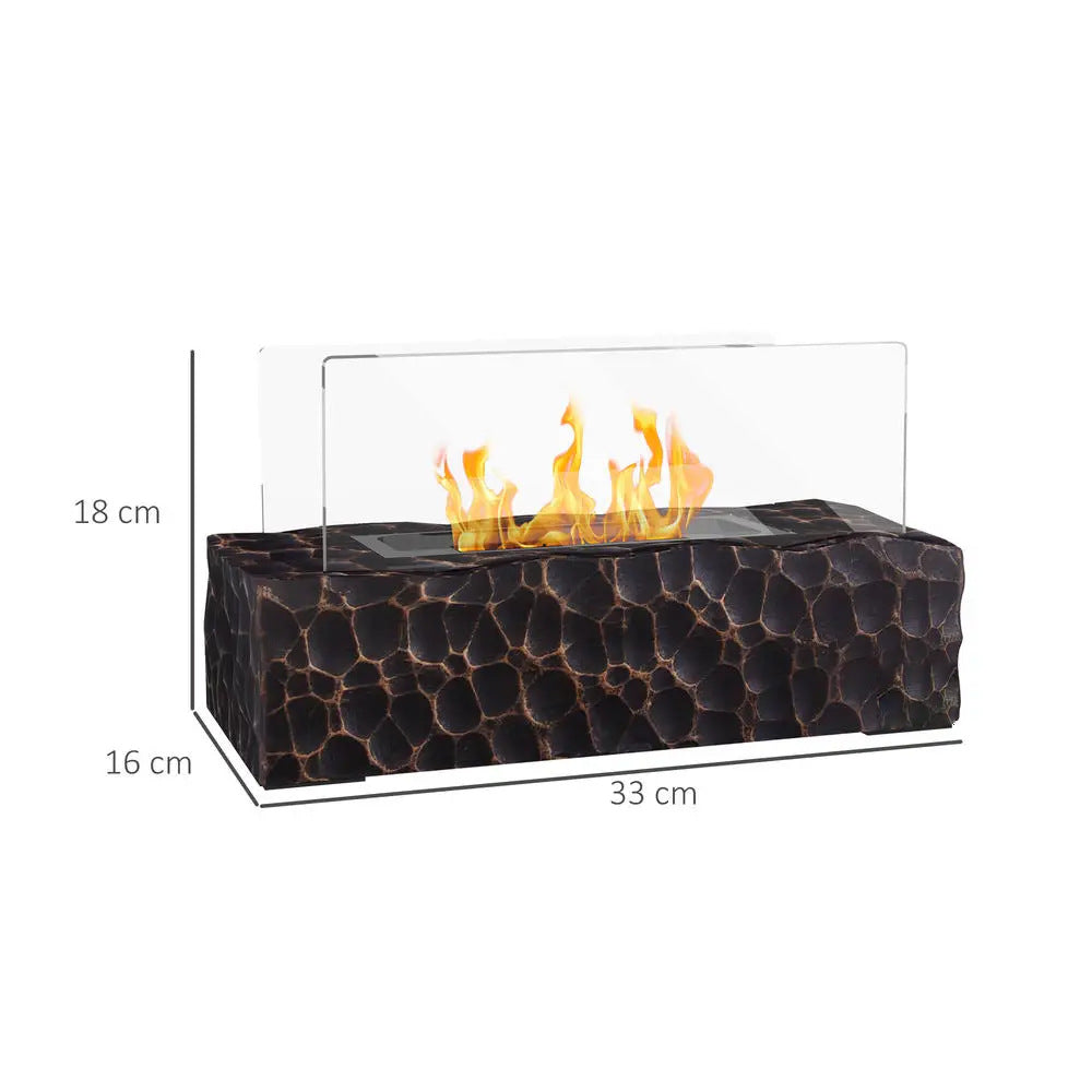 Maßzeichnung des Tischkamins mit Glaspanel: 33 cm breit, 18 cm hoch, 16 cm tief