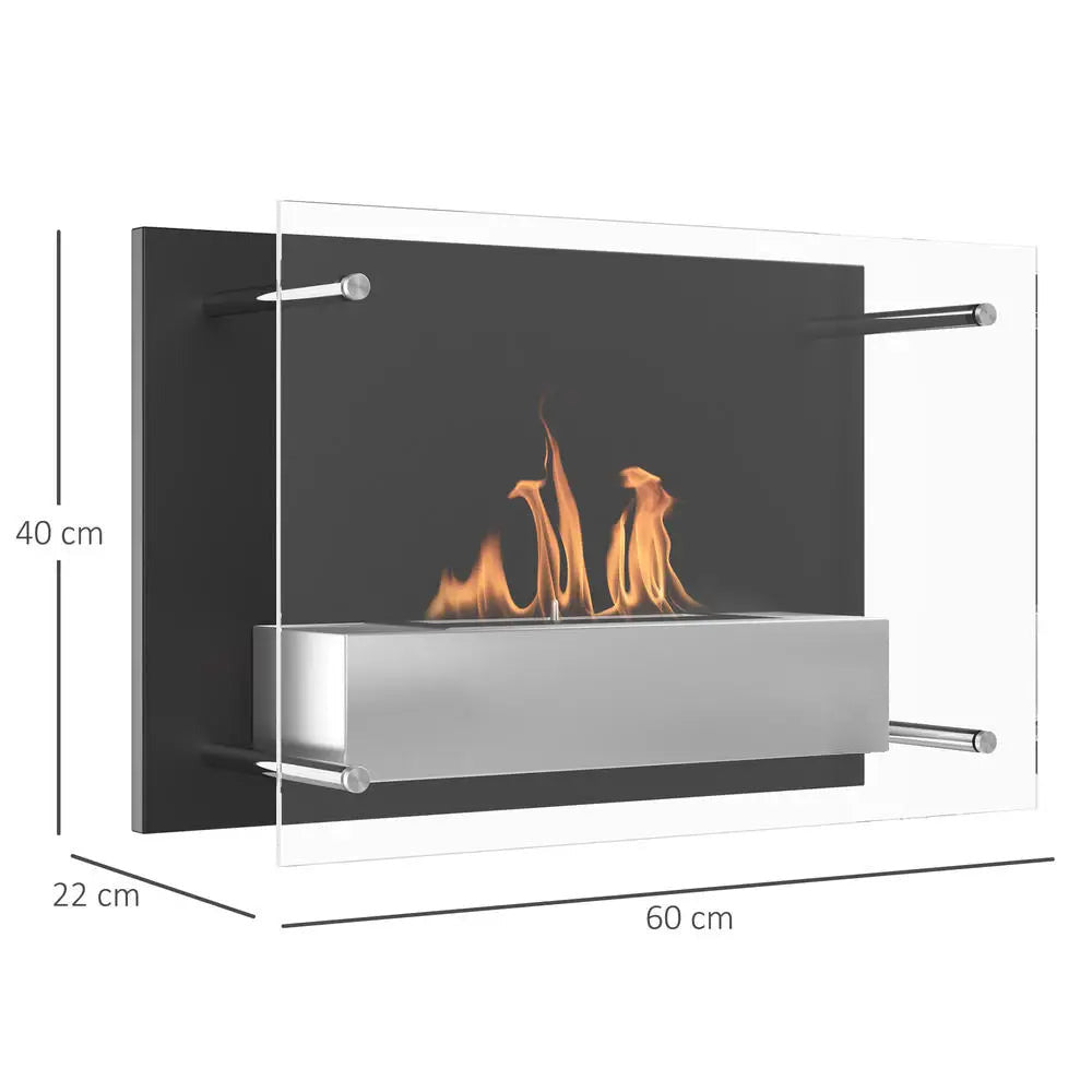 Maßzeichnung des Wandkamins mit Edelstahl-Brenner: 60 cm breit, 40 cm hoch, 22 cm tief