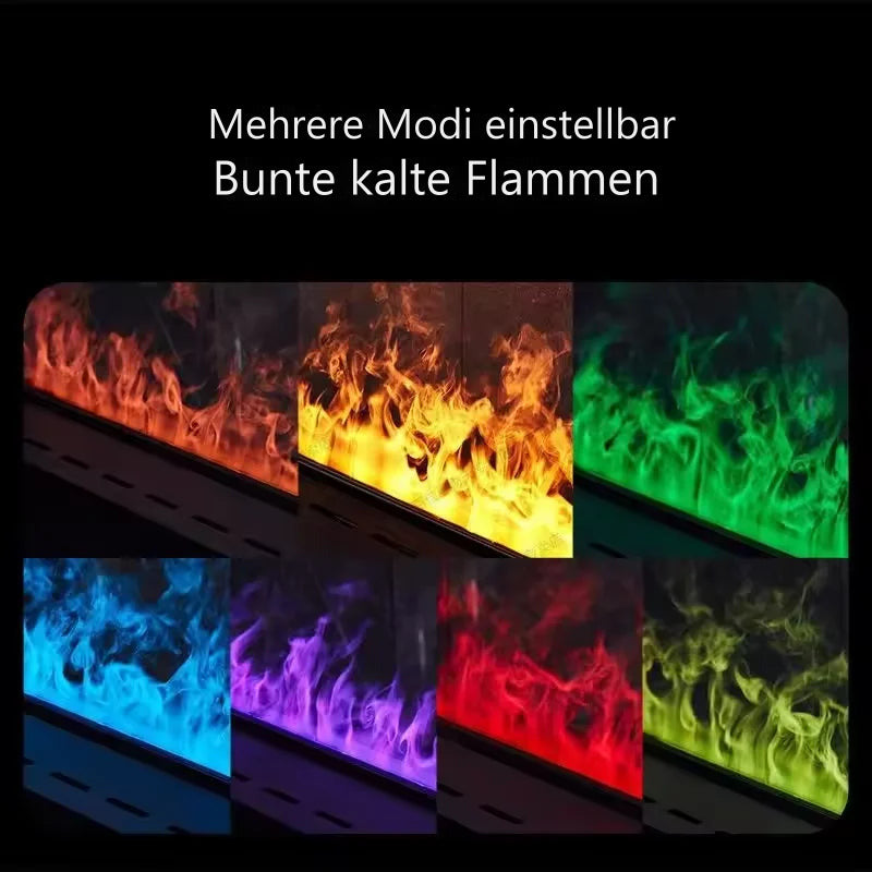 Collage bunter Flammen des Einbaukamins in Rot, Orange, Gelb, Grün, Blau und Lila