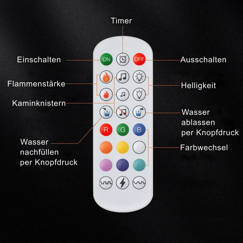Weiße Fernbedienung des Wasserdampf-Kamins mit Ein- und Aus-Taste, Flammentasten und runden Farbtasten