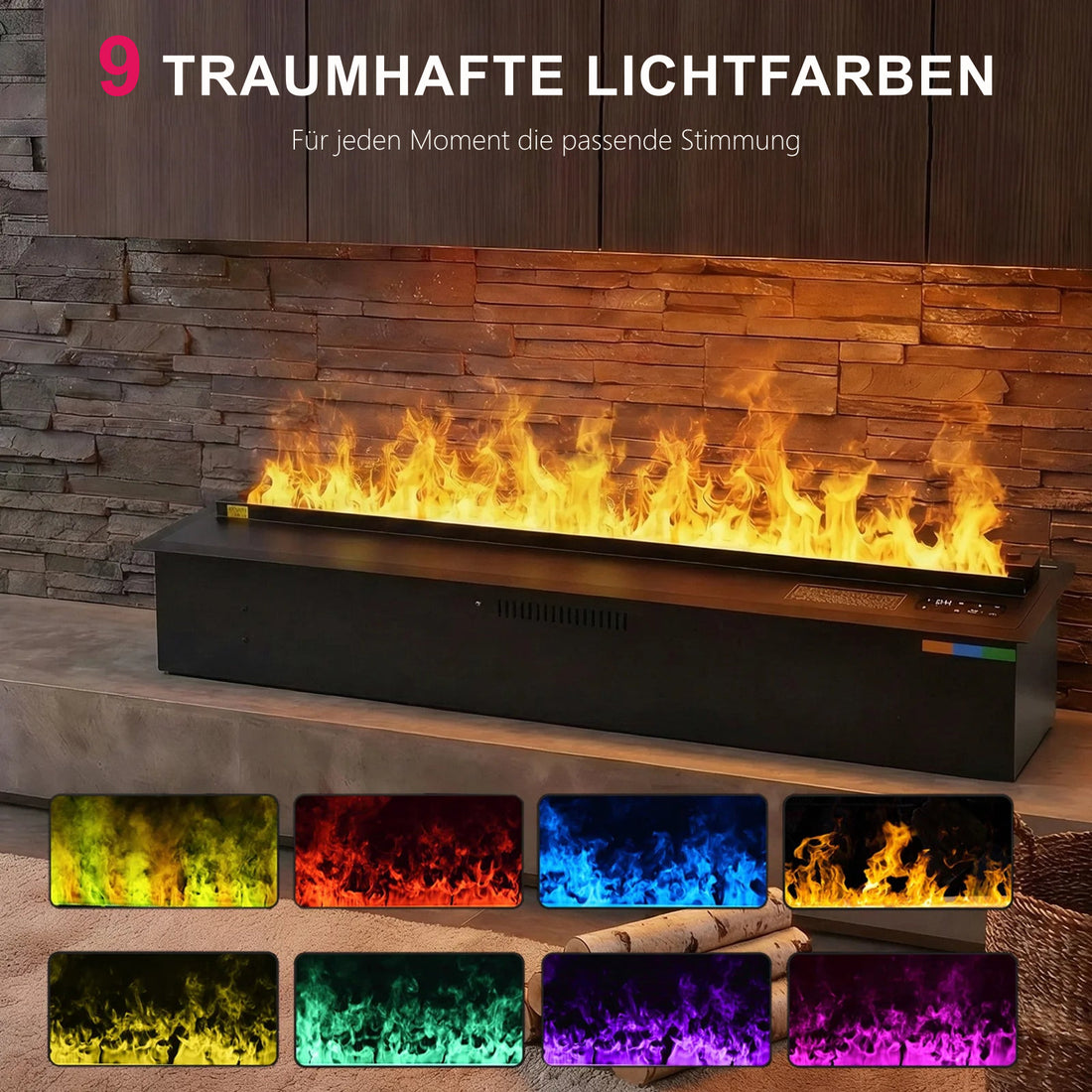 Wasserdampf-Elektrokamin vor Natursteinwand mit gelber Flamme und bunter Leuchtleiste, darunter acht Farbfelder