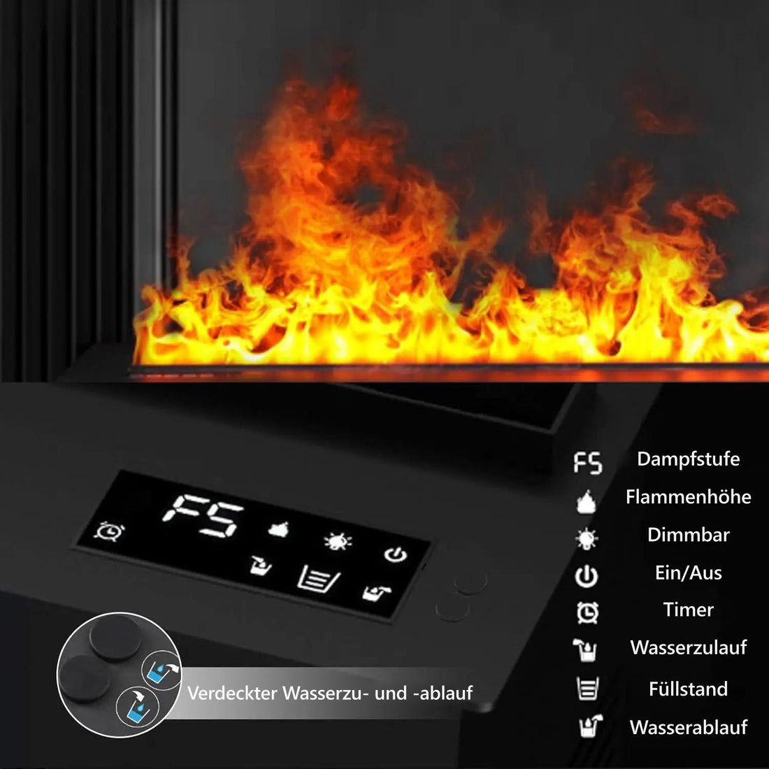 Nahaufnahme des Touch-Panels am Wasserdampf-Kamin mit Ziffernanzeige und Bedientasten unter der Flamme
