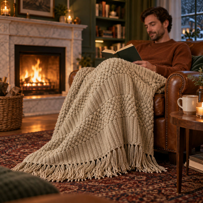 Strickdecke mit Quasten im Einsatz in einem gemütlich eingerichteten Raum